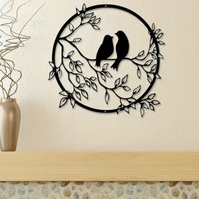Décoration murale en métal noir, Oiseaux sur branches d’arbre